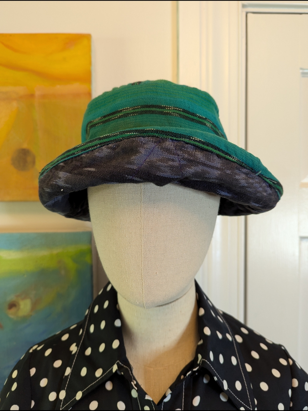 Vintage 1990s Green, Black, And Blue Reversible Bucket Hat